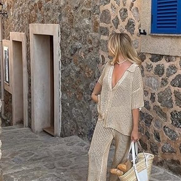 Tan Knit Swim Coverup with Airy Texture and Wide-Leg Design - Picture 1 of 9